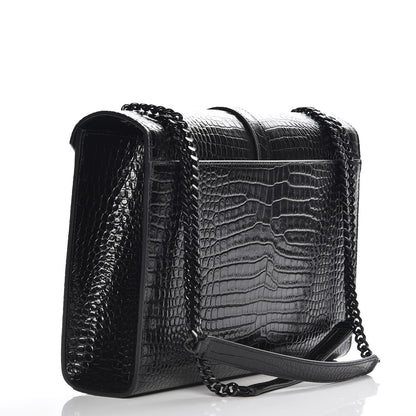 Saint Laurent Calfskin Crocodile Embossed Monogram Large Satchel Black 3 of 7