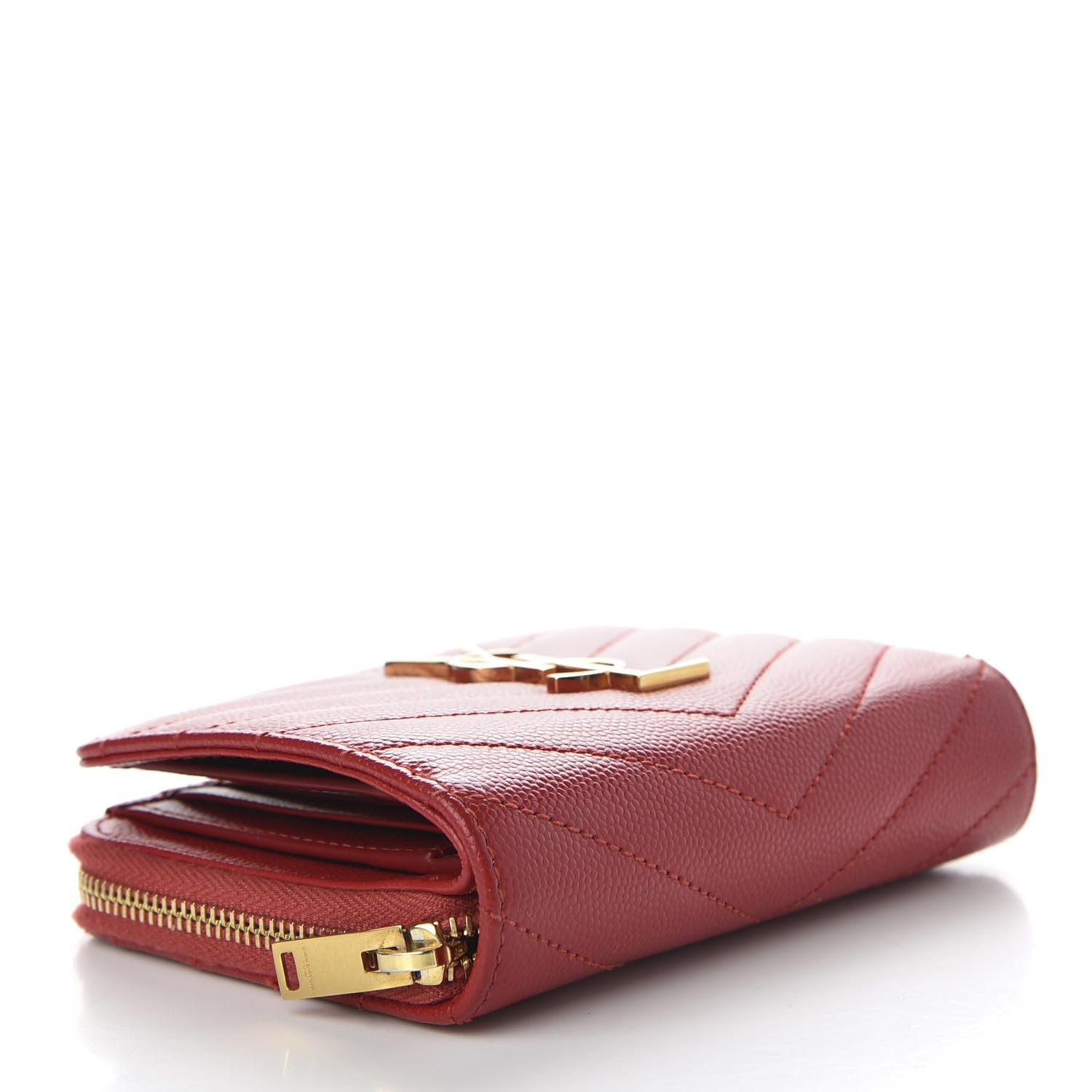 Saint Laurent Grain De Poudre Matelasse Chevron Monogram Compact Zip Around Wallet Red 4 of 8