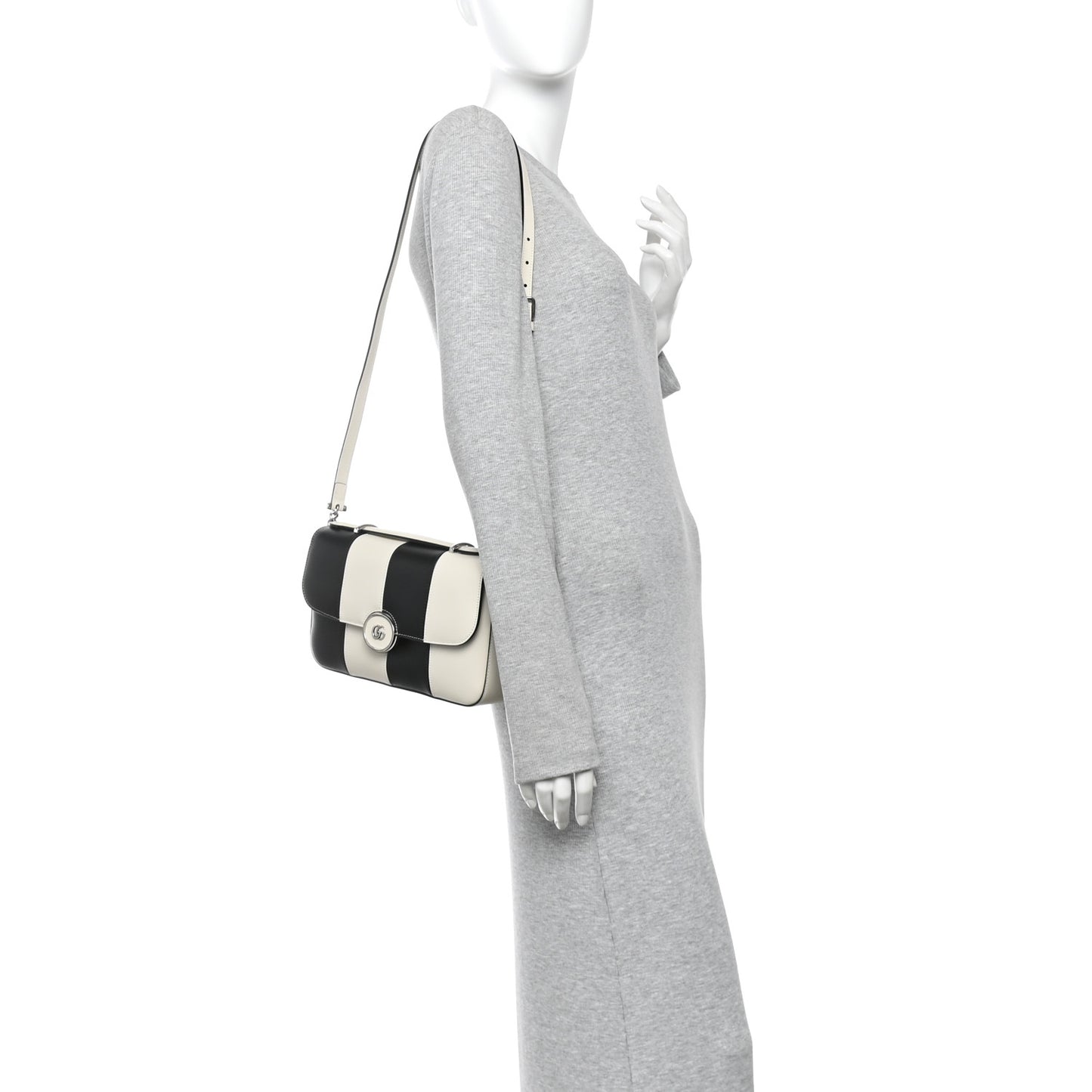Senna Calfskin Lines Petite GG Top Handle Shoulder Bag Black Mystic White