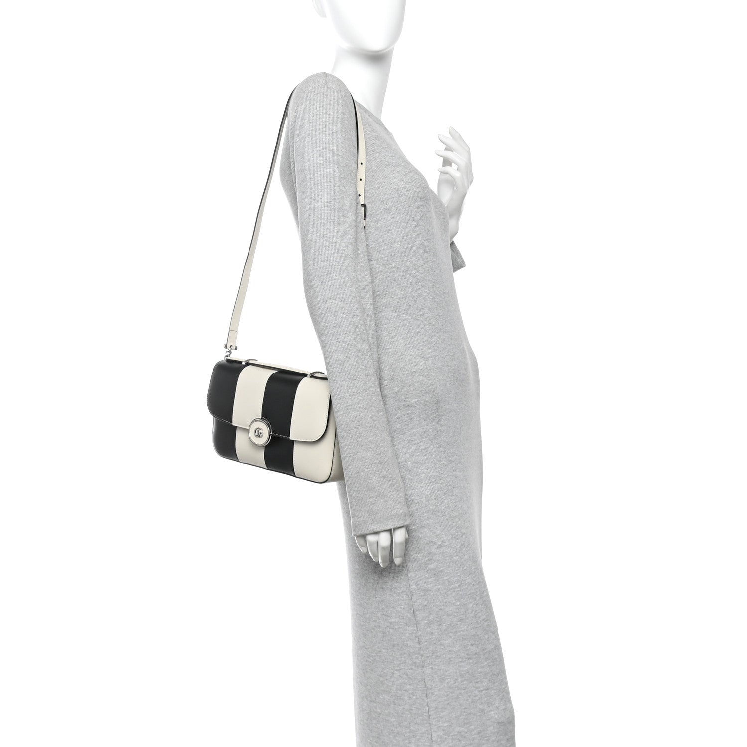 Gucci Senna Calfskin Lines Petite GG Top Handle Shoulder Bag Black Mystic White 2 of 11