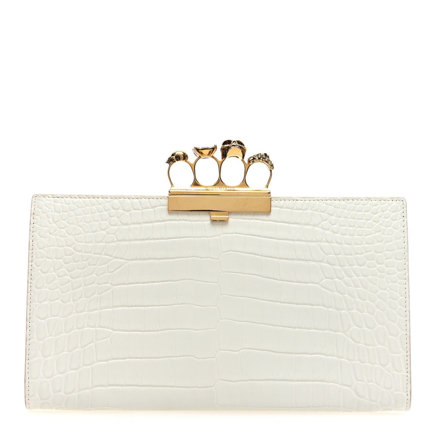 Calfskin Crocodile Embossed Knuckle Flat Clutch Ivory