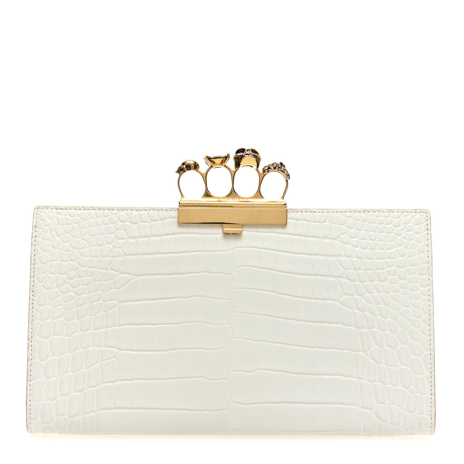Alexander McQueen Calfskin Crocodile Embossed Knuckle Flat Clutch Ivory 1 of 6