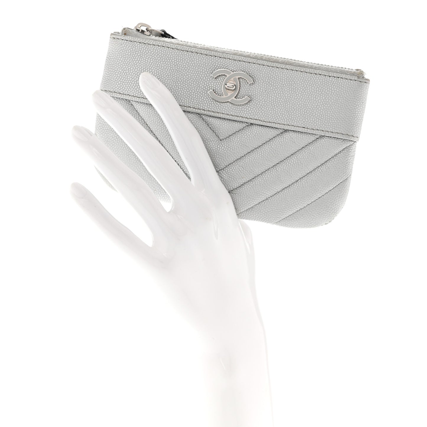 Metallic Caviar Chevron Quilted Small Vintage Mademoiselle Cosmetic Case Silver