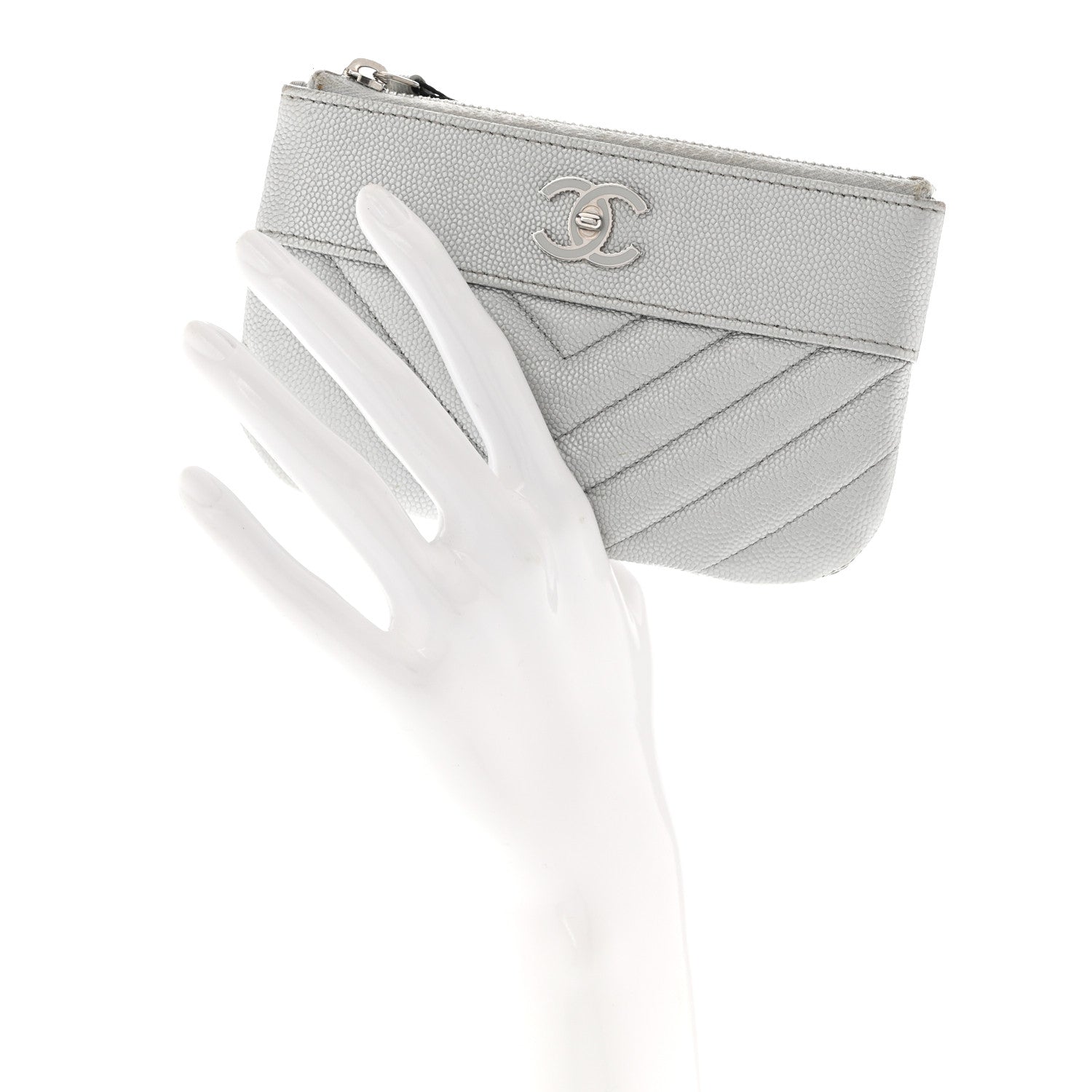 Chanel Metallic Caviar Chevron Quilted Small Vintage Mademoiselle Cosmetic Case Silver 2 of 9