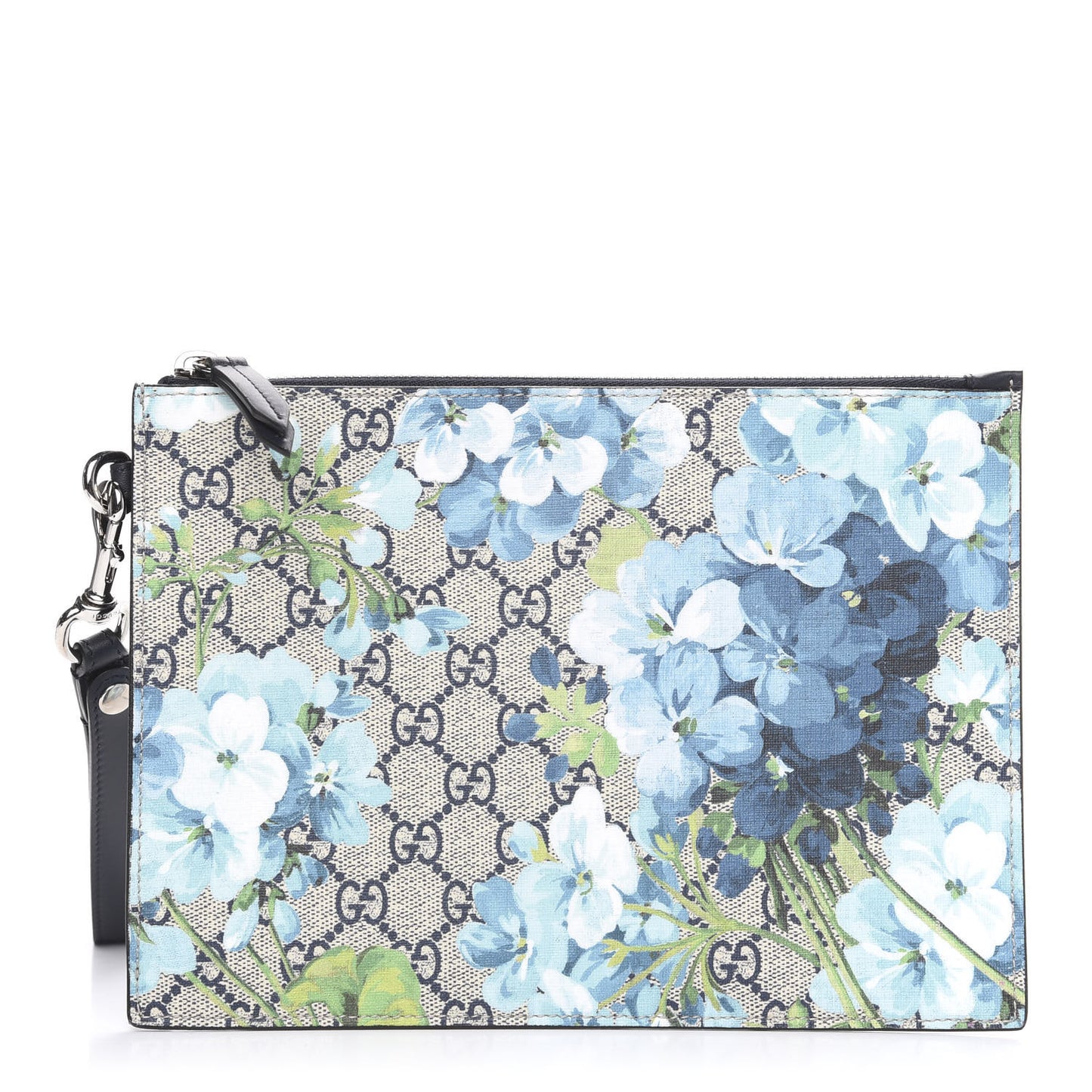 GG Supreme Monogram Blooms Small Zip Wristlet Pouch Beige Blue Black