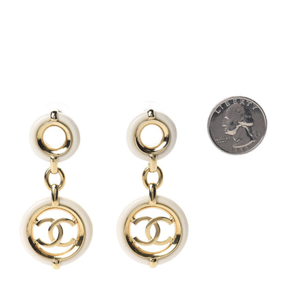 Chanel Metal Resin CC Round Drop Earrings Gold White 2 of 4