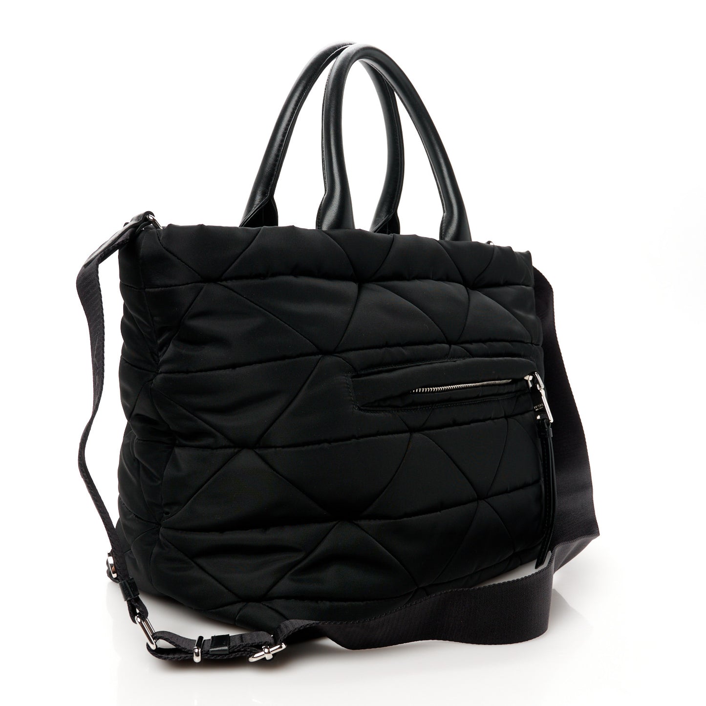 Re-Nylon Nappa Triangle Quilted Padded Small Double Handled Zip Tote Black
