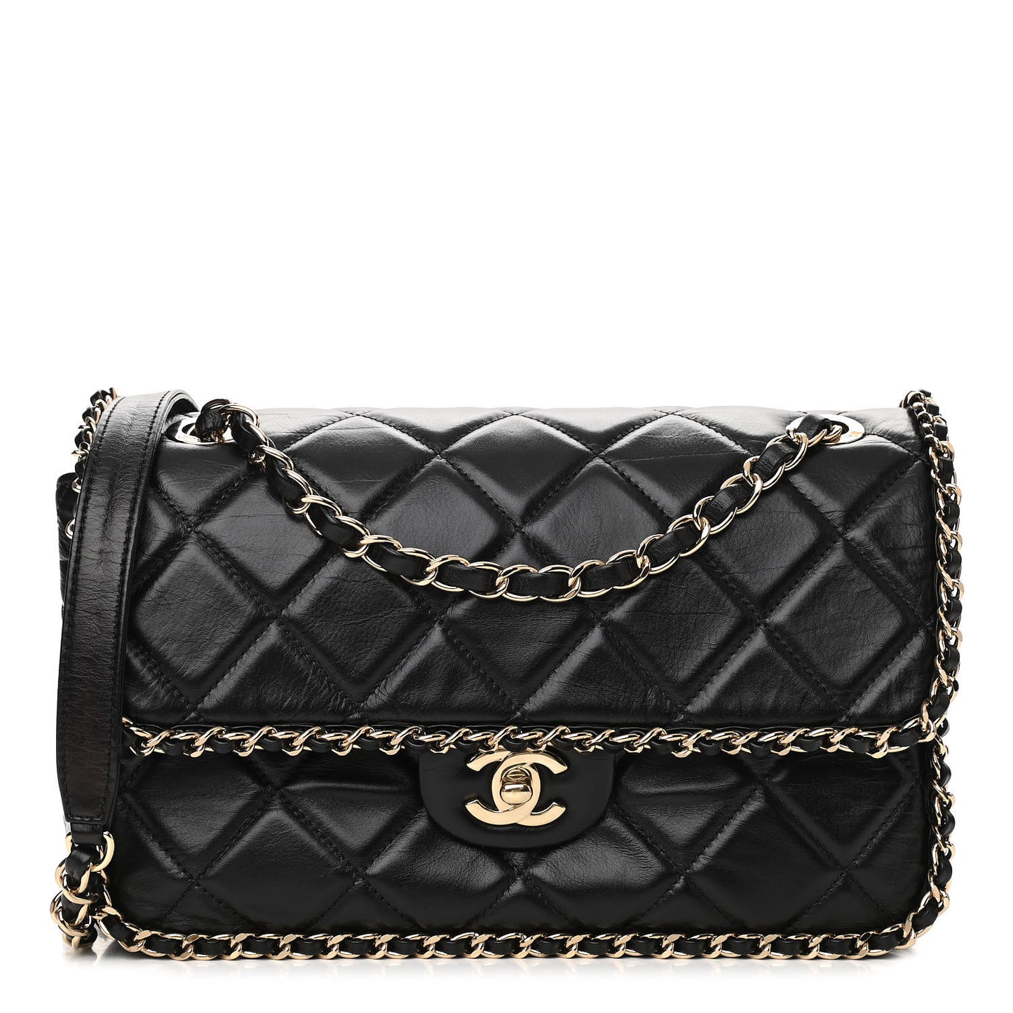 Crumpled Calfskin Quilted Large Chain All Over Flap Bag Black