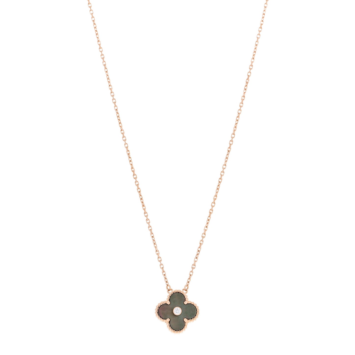 18K Rose Gold Diamond Grey Mother of Pearl Vintage Alhambra Pendant Necklace