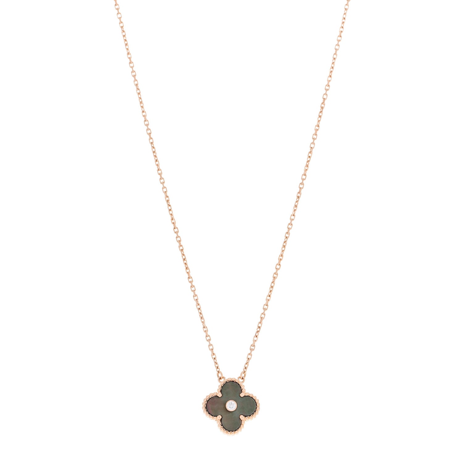 Van Cleef & Arpels 18K Rose Gold Diamond Grey Mother of Pearl Vintage Alhambra Pendant Necklace 1 of 6