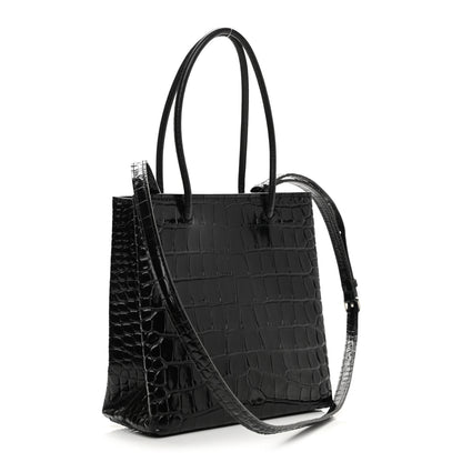 Balenciaga Shiny Calfskin Logo Crocodile Embossed North South Shopper Tote XXS Black White 3 of 10