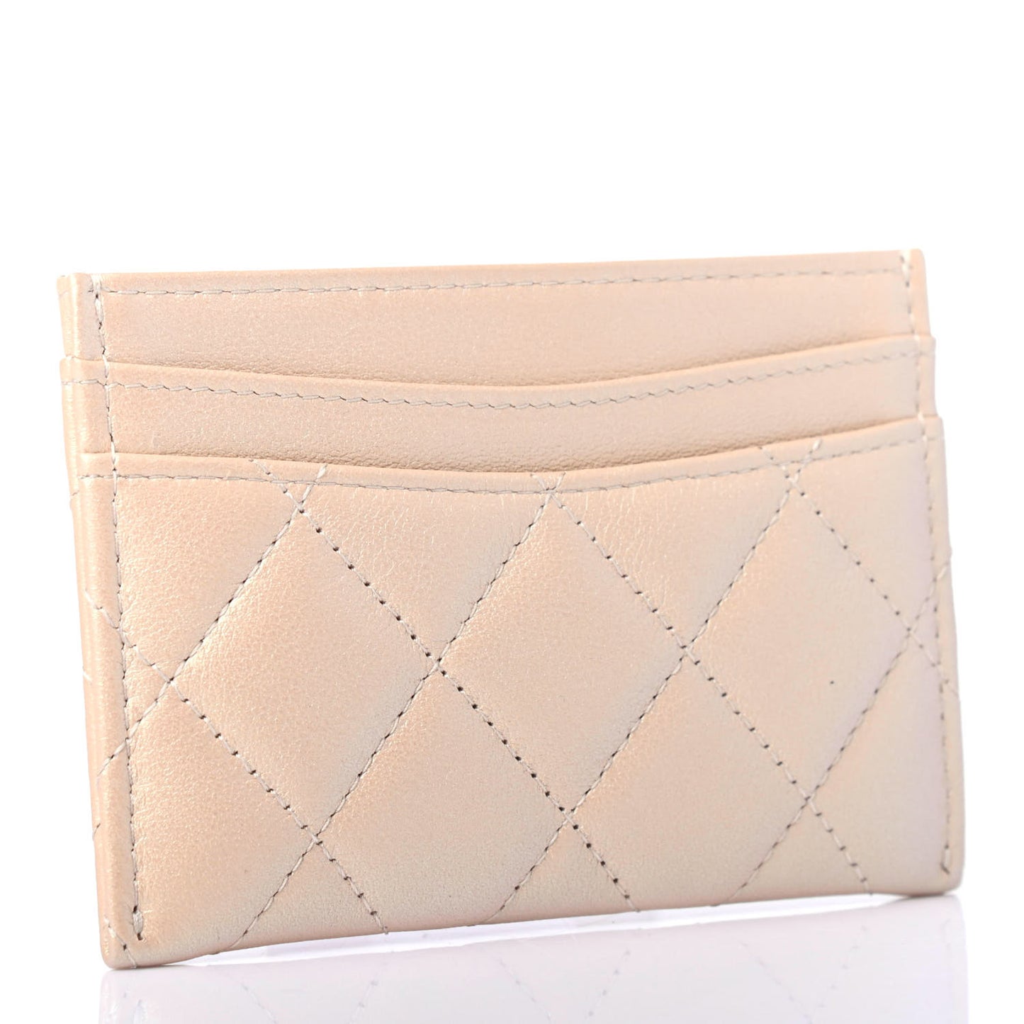 Iridescent Calfskin Quilted Card Holder Beige