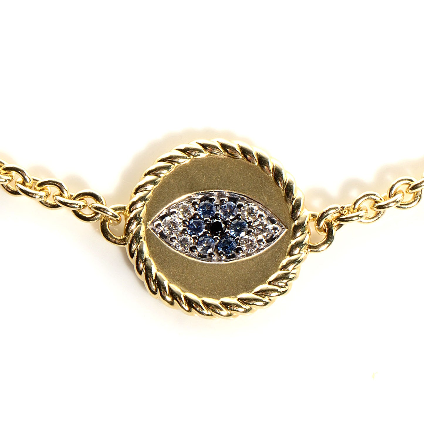 18K Yellow Gold Diamond Blue Sapphire Cable Collectibles Evil Eye Bracelet