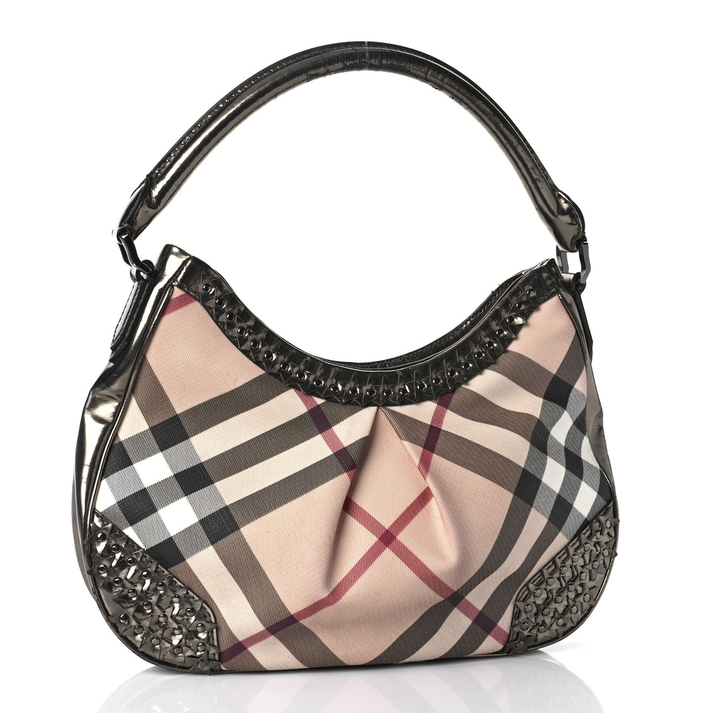 Metallic Nova Check Patent Hobo Pewter