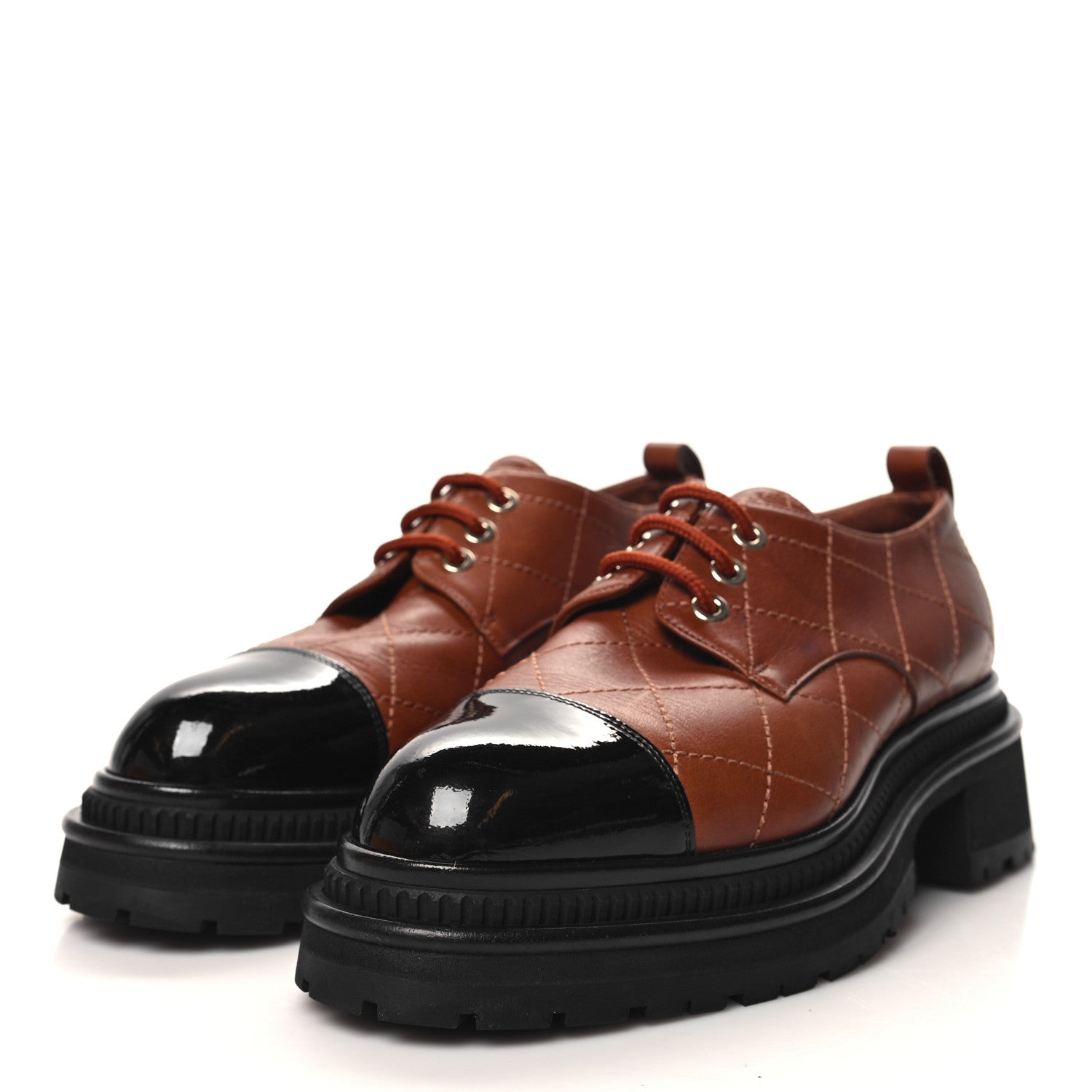 Chanel Calfskin Patent Stitched Cap Toe Lace Up Oxfords 36.5 Brown Black 3 of 11
