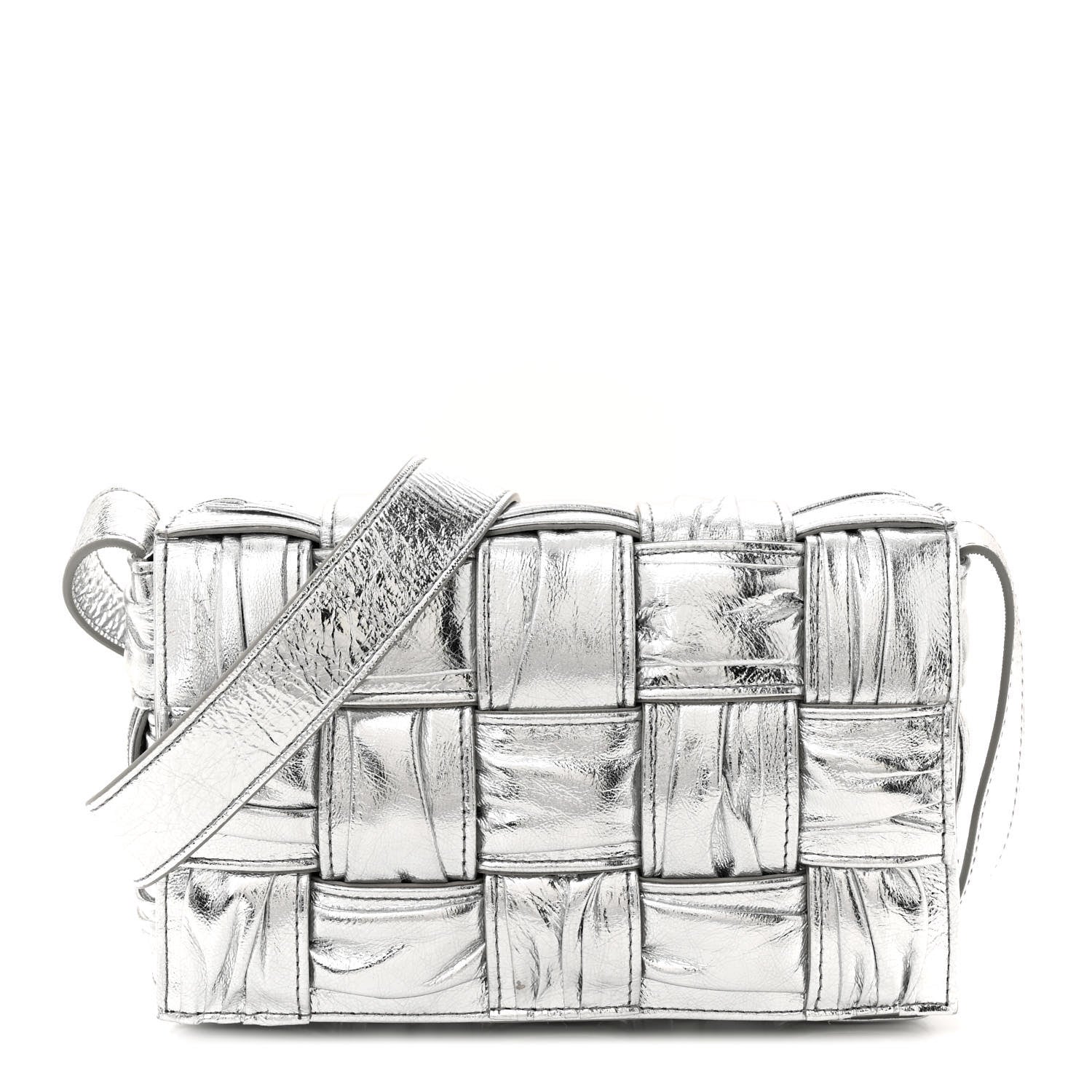 Bottega Veneta Metallic Calfskin Intreccio Plisse Small Cassette Crossbody Bag Silver 1 of 9