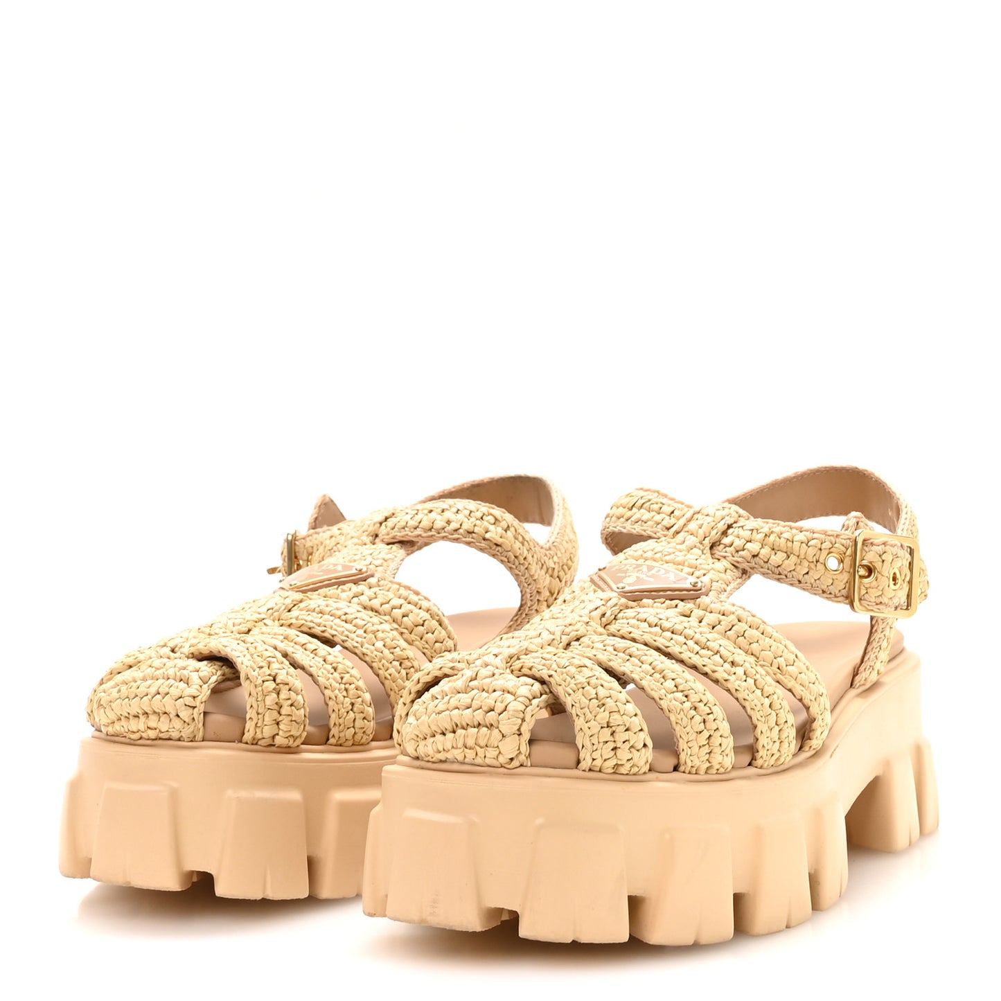 Yarn Raffia Effect Metal Triangle Logo Crochet Monolith 55mm Cage Sandals 40 Naturale