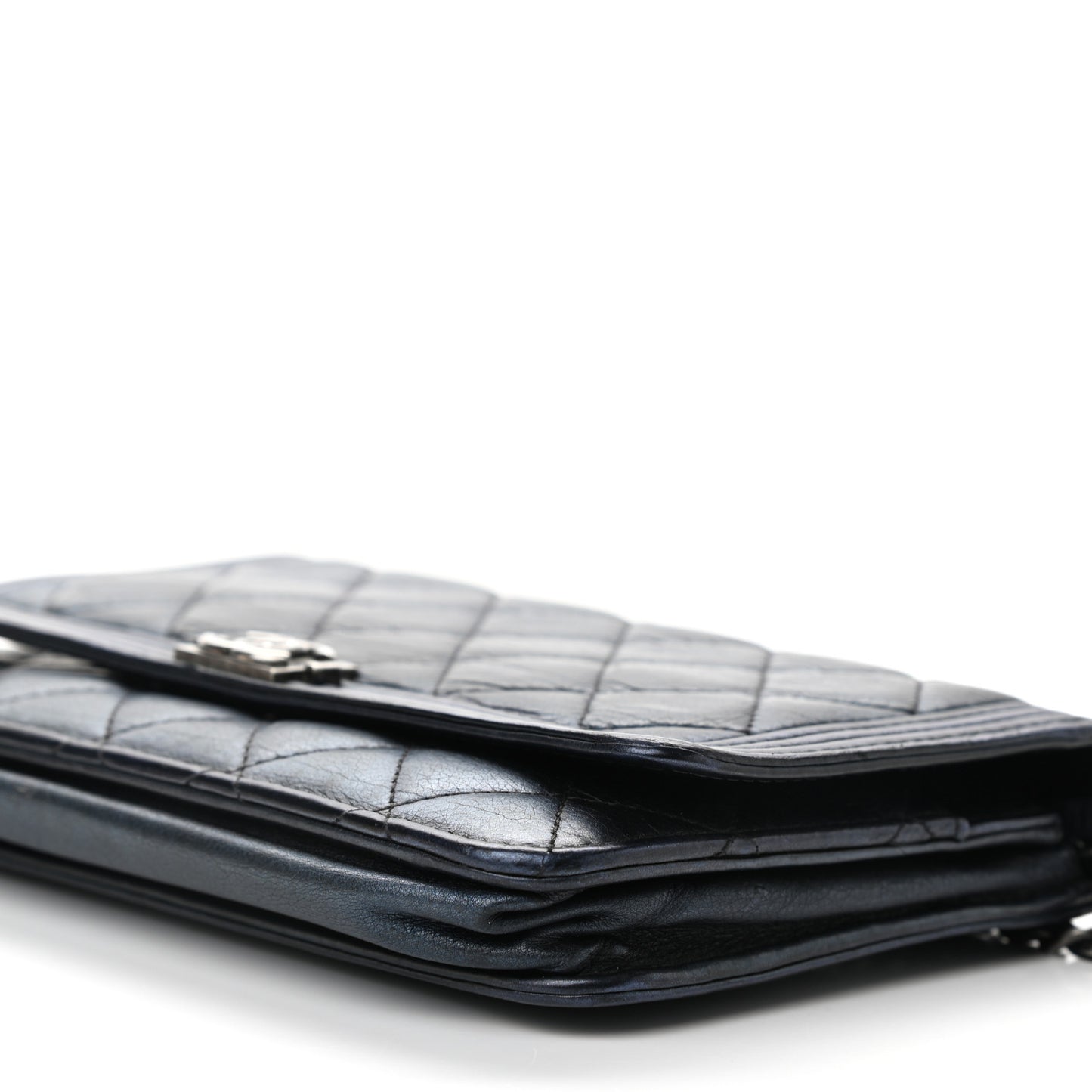 Metallic Calfskin Quilted Boy Wallet On Chain WOC Navy Blue