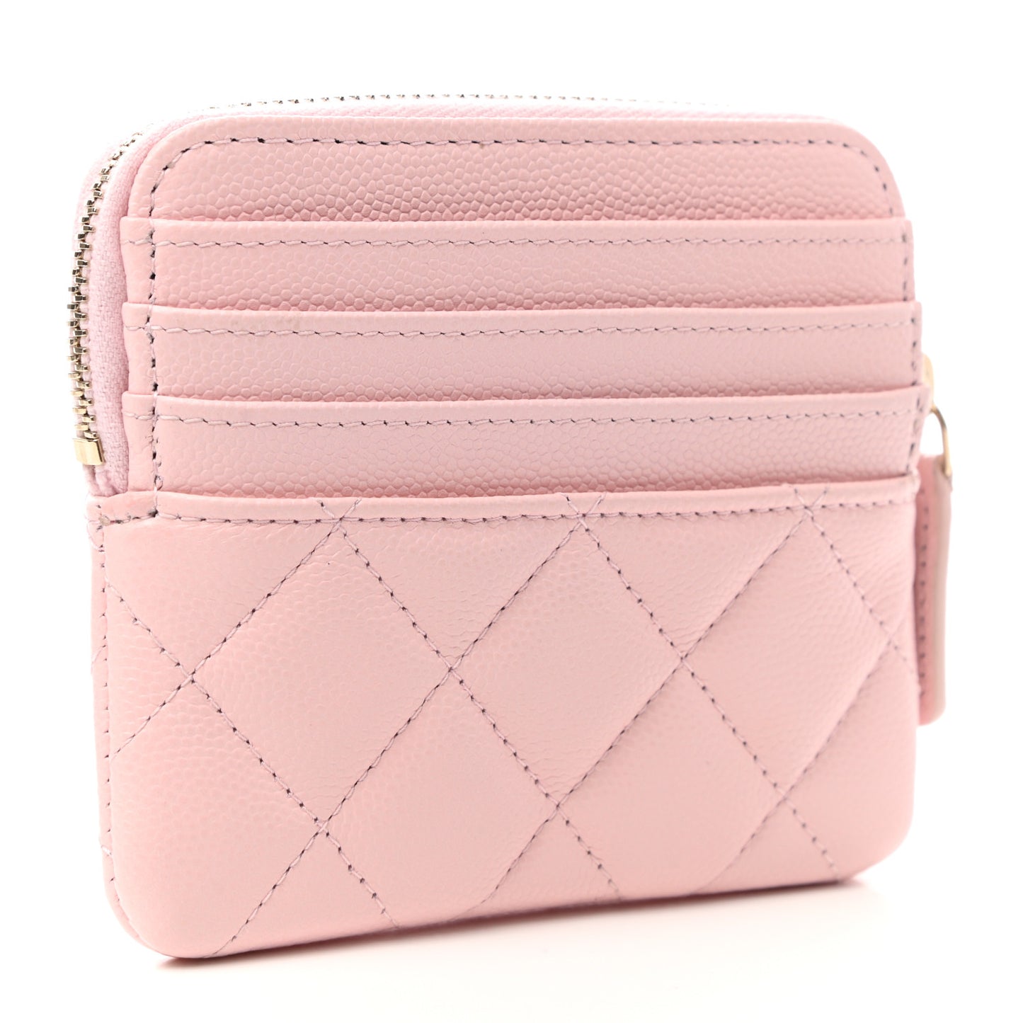 Caviar Quilted Crystal Zip Card Holder Wallet Light Pink