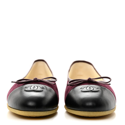 Chanel Suede Kidskin Lambskin Cap Toe CC Ballerina Flats 39.5 Burgundy Black 2 of 9