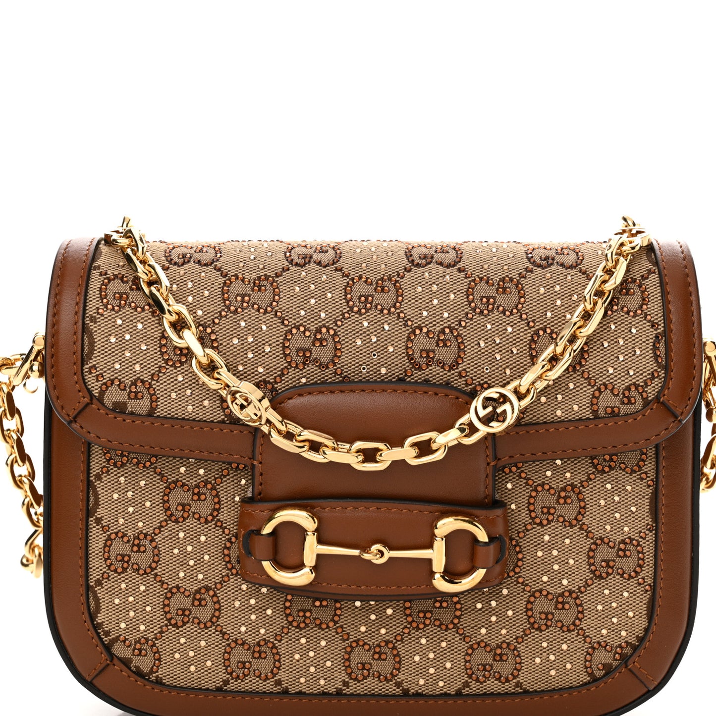 Canvas Calfskin Crystal GG Monogram Mini Horsebit 1955 Shoulder Bag Camel Ebony