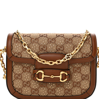 Gucci Canvas Calfskin Crystal GG Monogram Mini Horsebit 1955 Shoulder Bag Camel Ebony 1 of 13