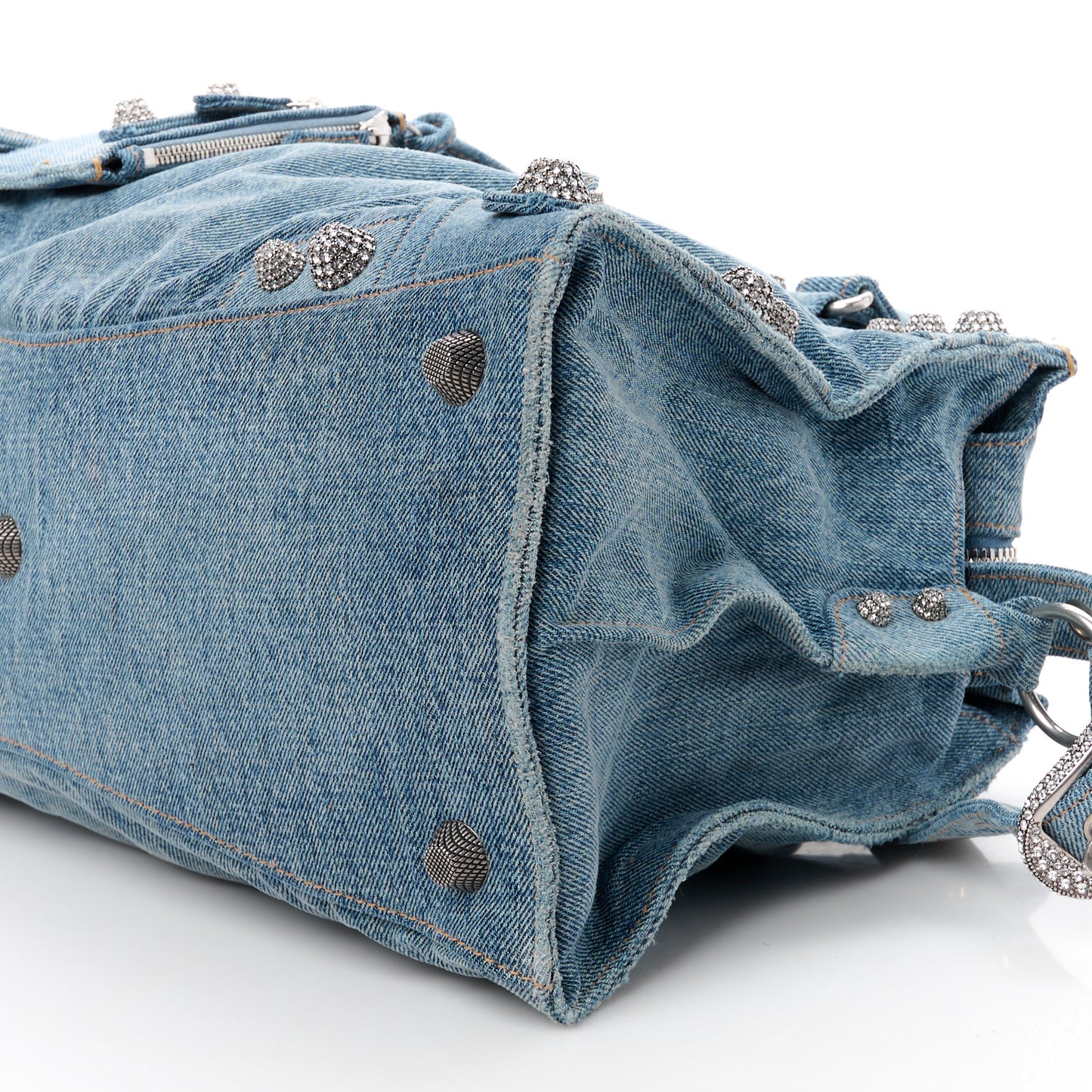 Washed Frayed Denim Crystal Neo Cagole City Handbag Blue