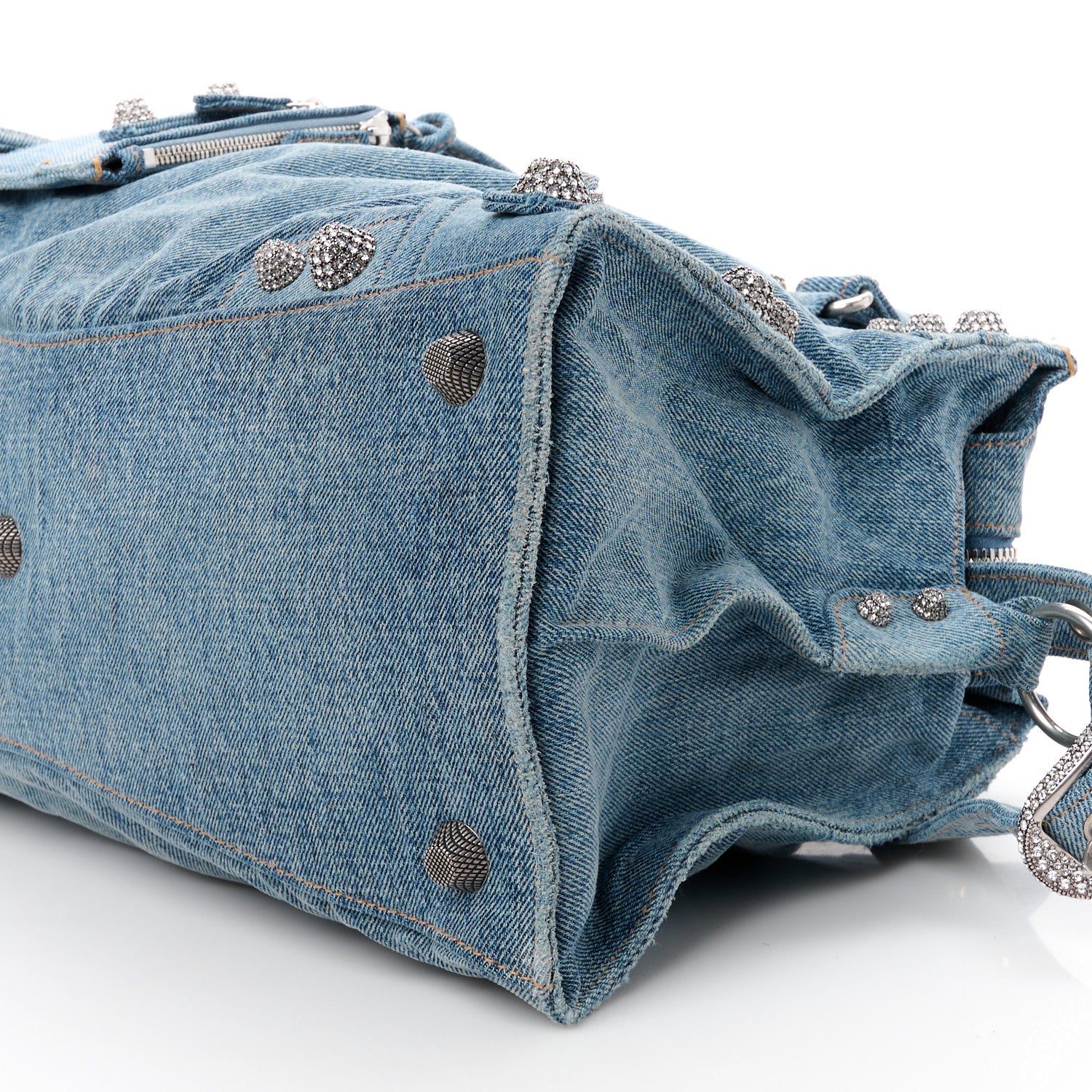 Balenciaga Washed Frayed Denim Crystal Neo Cagole City Handbag Blue 14 of 14