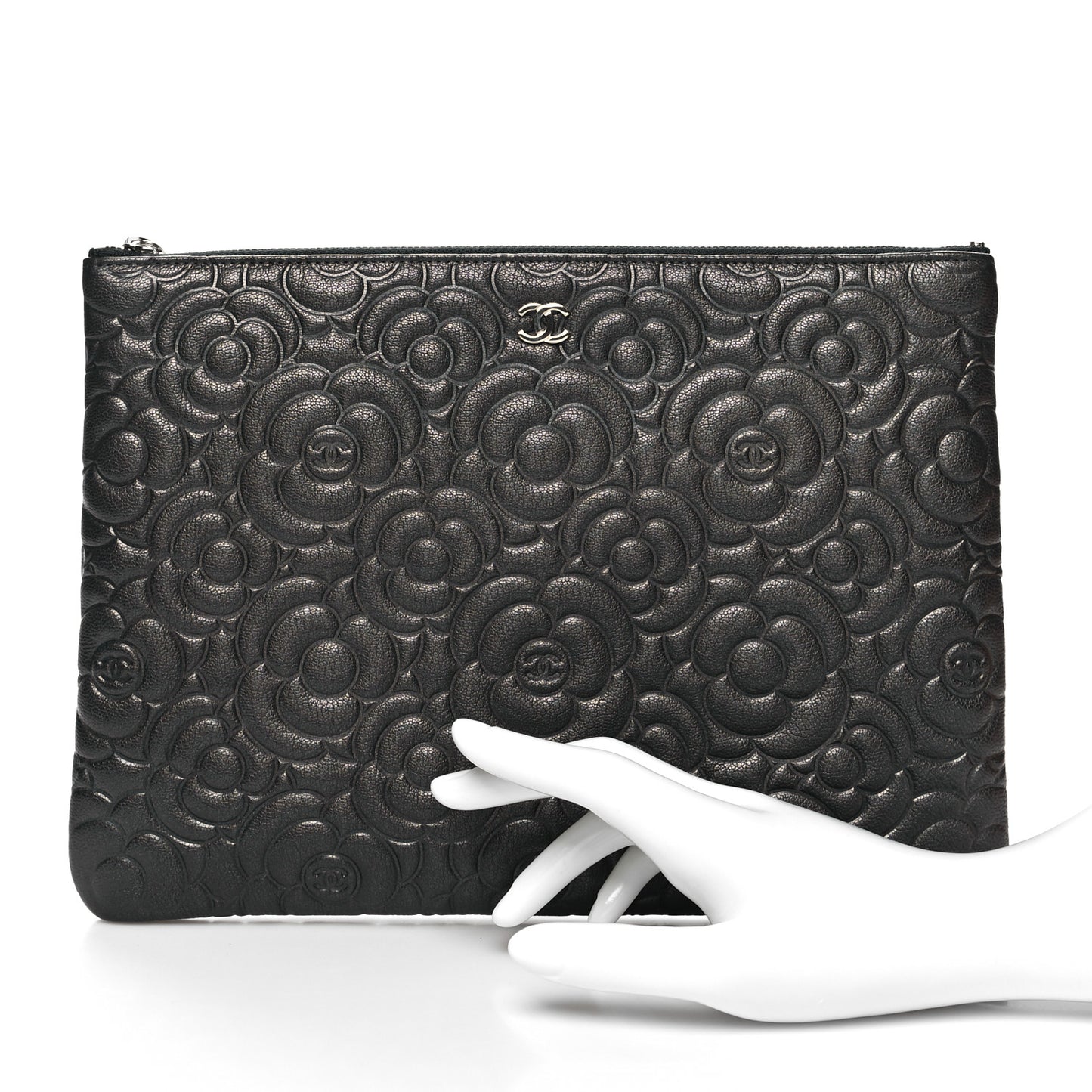 Goatskin Camellia Embossed Medium Cosmetic Case Dark Grey