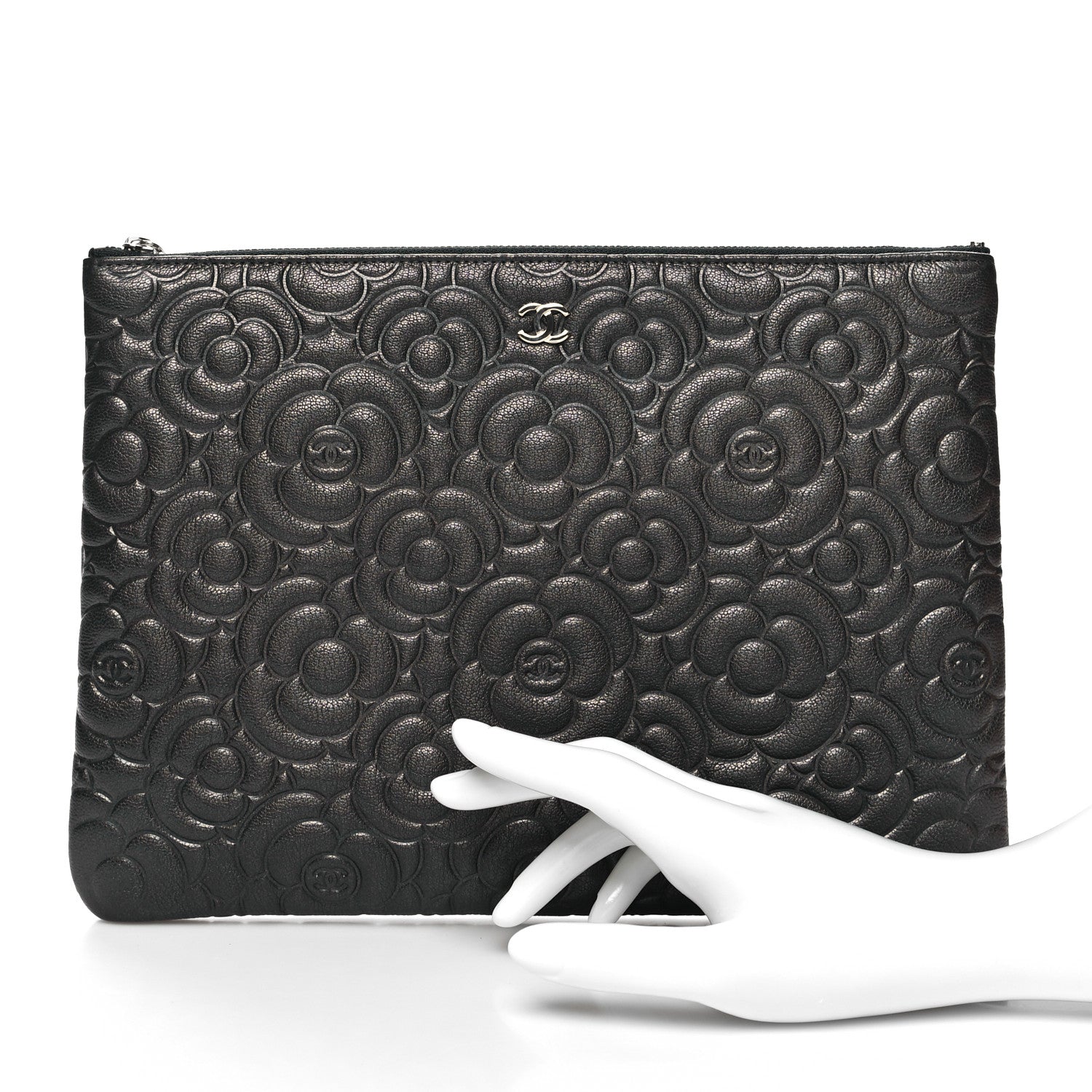 Chanel Goatskin Camellia Embossed Medium Cosmetic Case Dark Grey 2 of 9