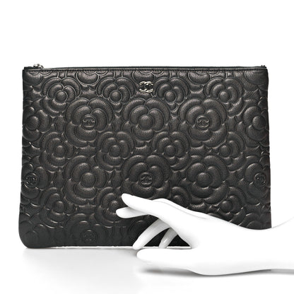 Chanel Goatskin Camellia Embossed Medium Cosmetic Case Dark Grey 2 of 9