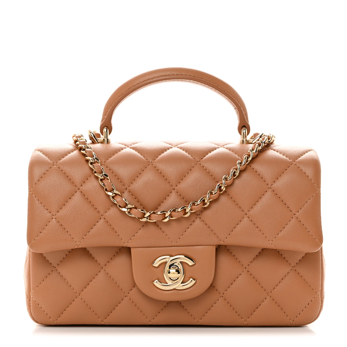 Lambskin Quilted Mini Top Handle Rectangular Flap Dark Beige