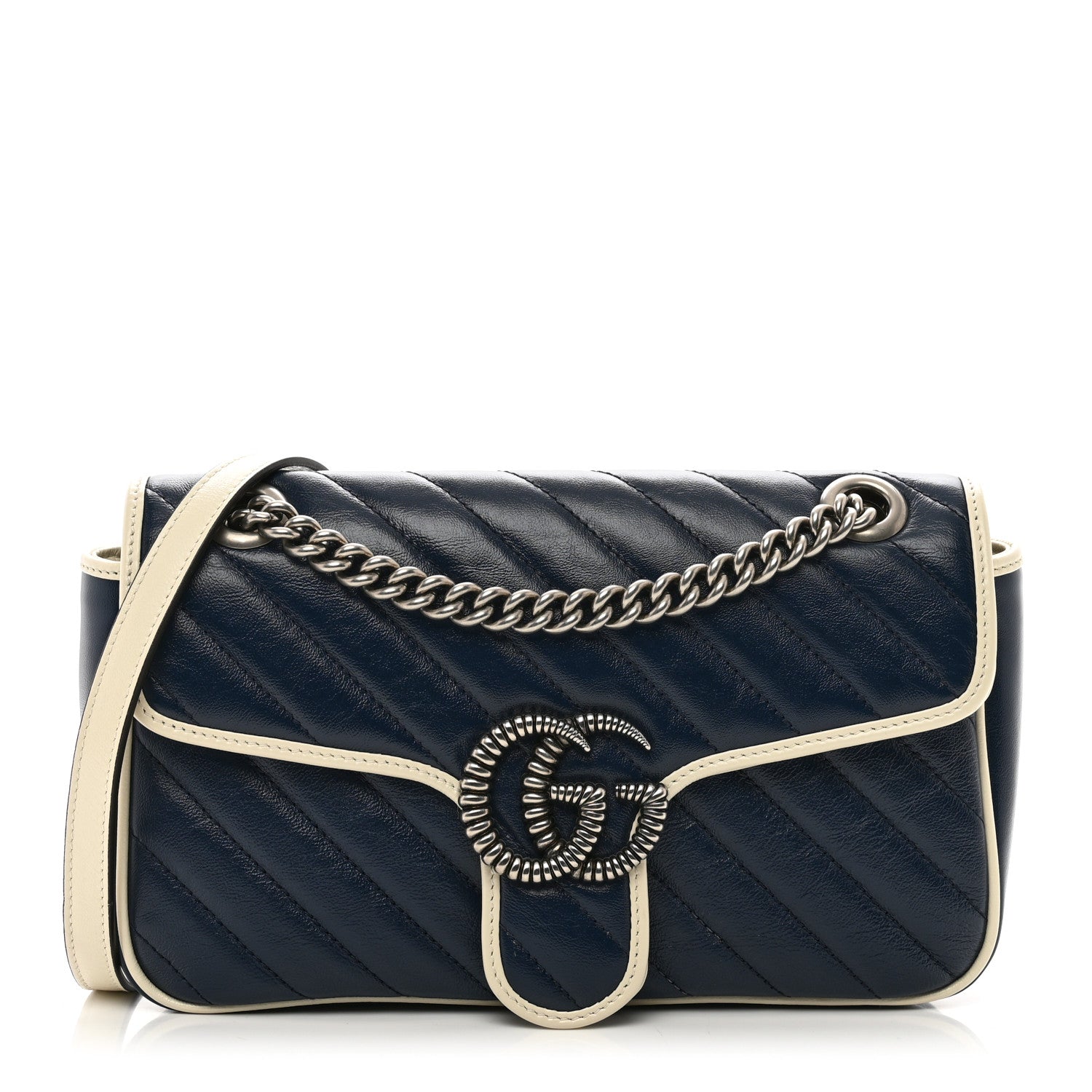Gucci Vintage Effect Calfskin Matelasse Diagonal Small Torchon GG Marmont Shoulder Bag Blue Agata Mystic White 1 of 10