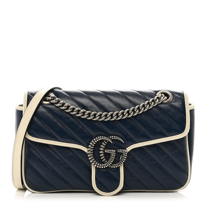 Gucci Vintage Effect Calfskin Matelasse Diagonal Small Torchon GG Marmont Shoulder Bag Blue Agata Mystic White 1 of 10