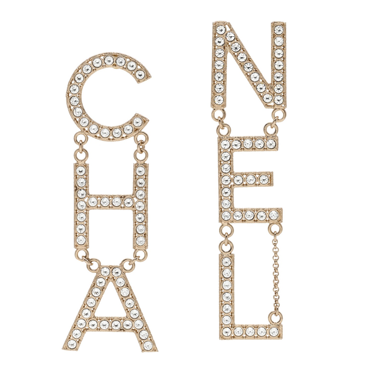 Chanel Crystal Cha-Nel Logo Drop Earrings Gold 1 of 5