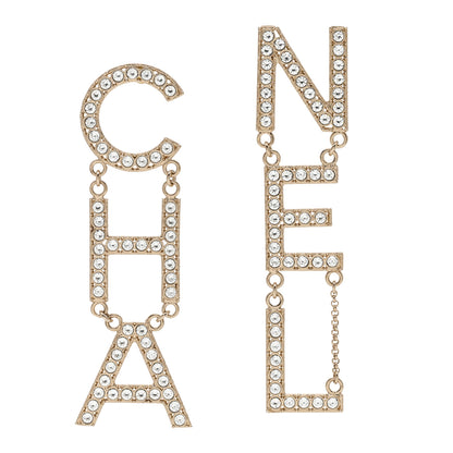 Chanel Crystal Cha-Nel Logo Drop Earrings Gold 1 of 5