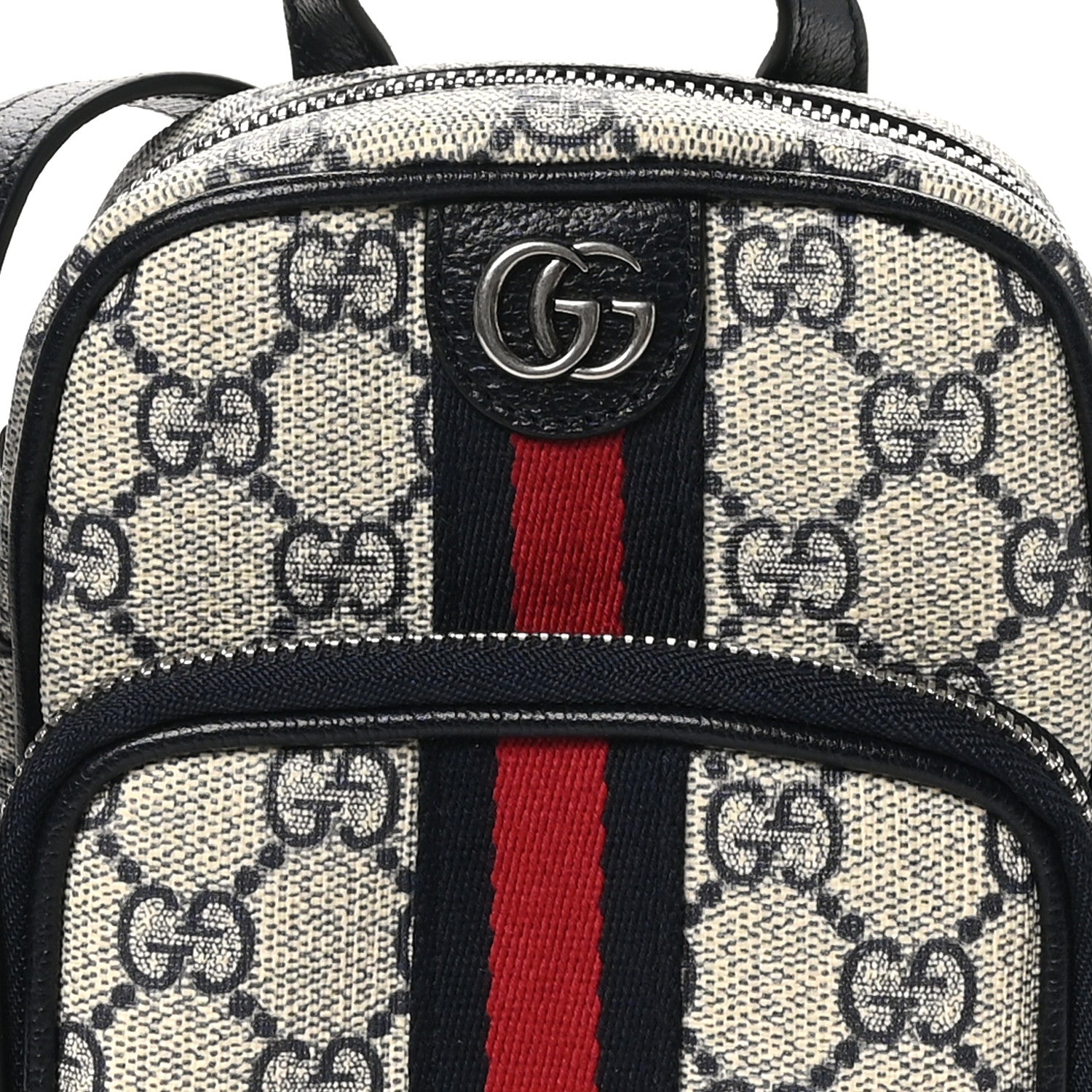 Gucci GG Supreme Monogram Textured Dollar Calfskin Web Mini Ophidia Double Zip Messenger Bag Beige Blue 8 of 10