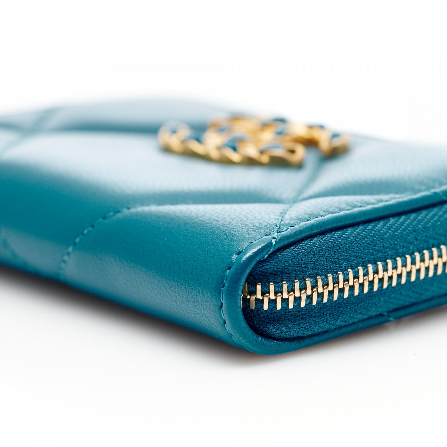 Chanel Lambskin Quilted Chanel 19 Zip Around Coin Purse Wallet Turquoise 9 of 9