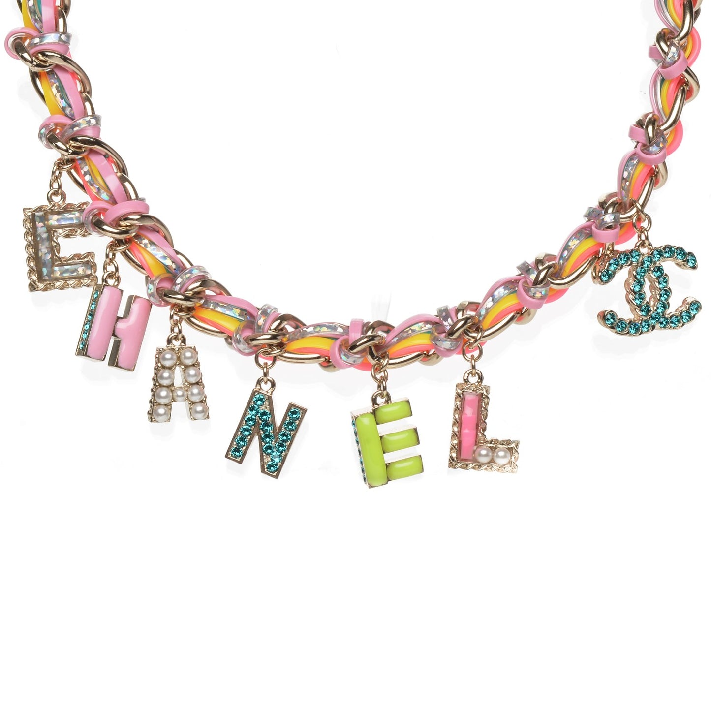 Metal Strass PVC Enamel CC Chain Link Choker Necklace Gold Blue Pink Yellow
