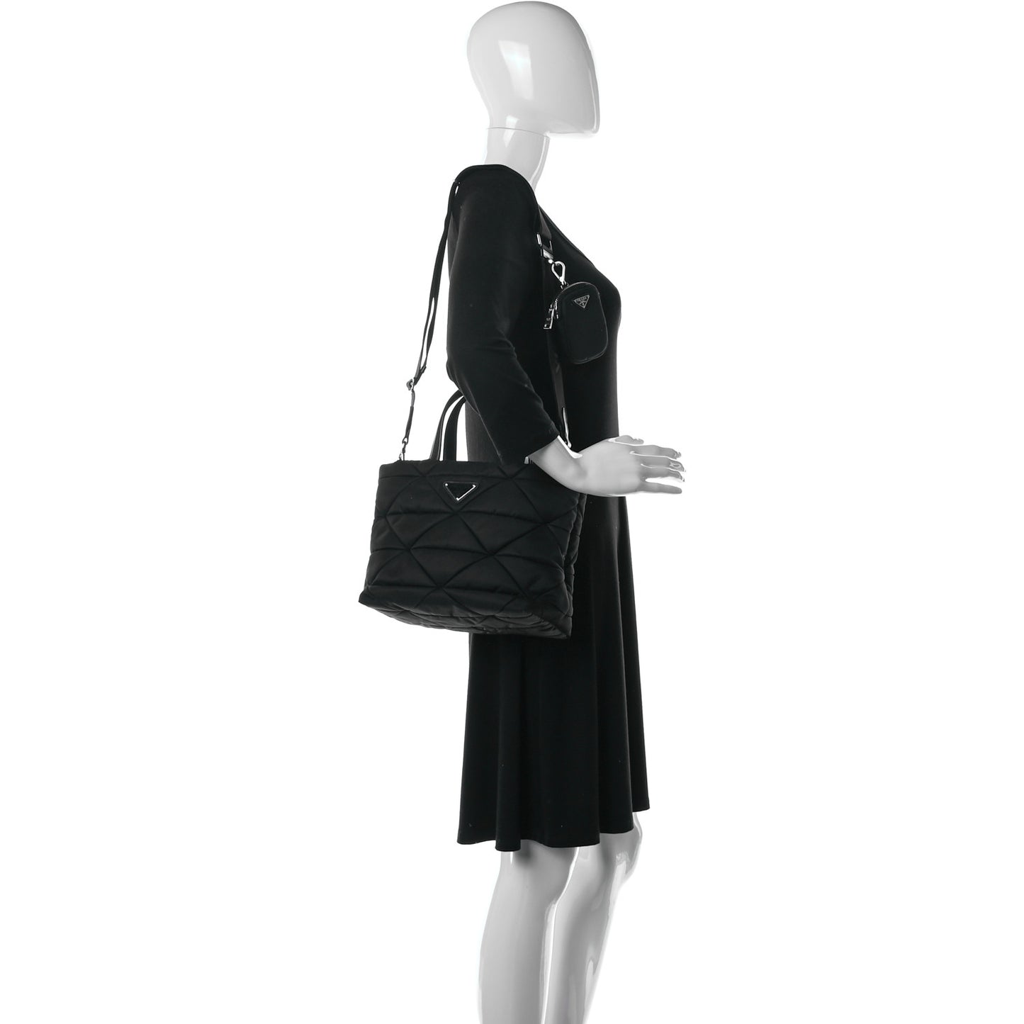 Re-Nylon Nappa Triangle Quilted Padded Double Handled Zip Pocket Tote Black