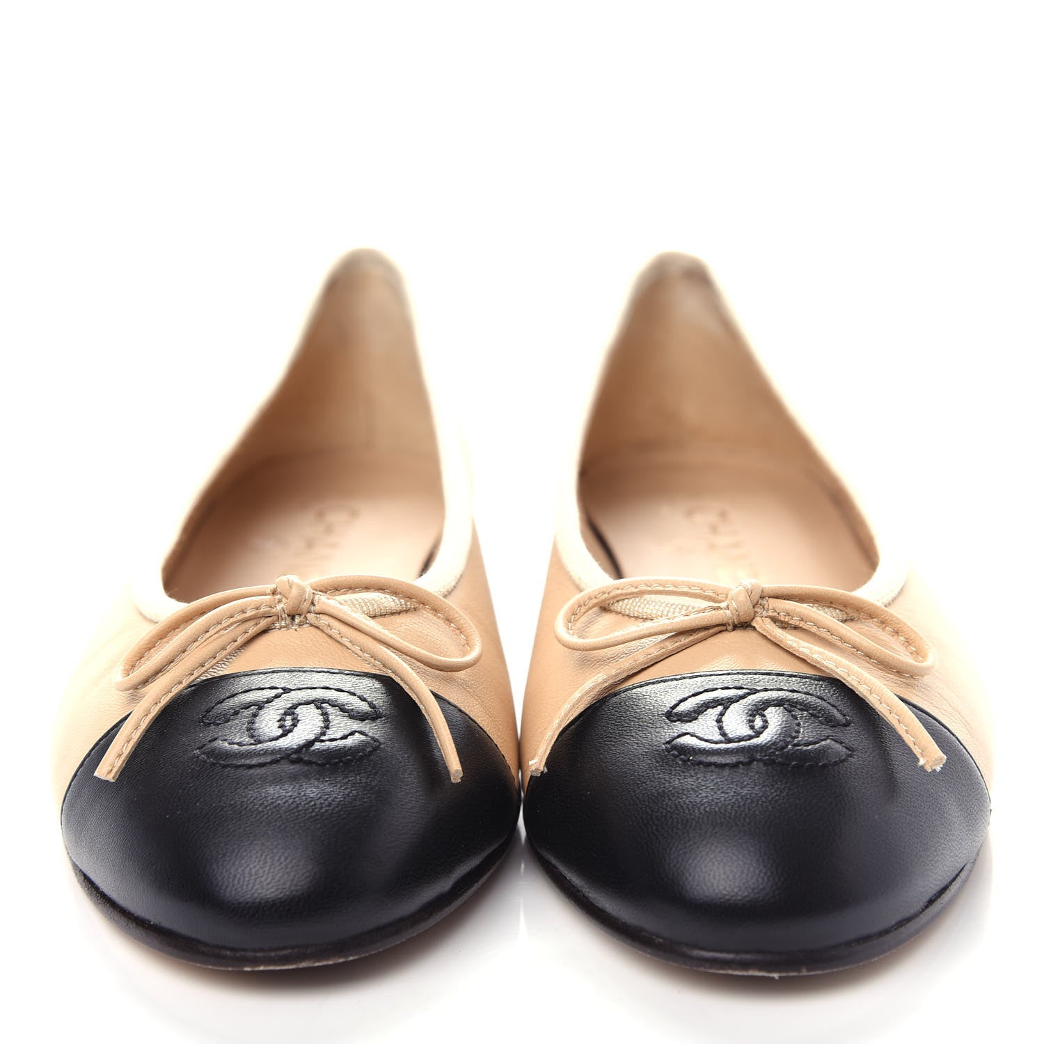 Chanel Lambskin Cap Toe CC Ballerina Flats 37.5 Beige Black 5 of 11