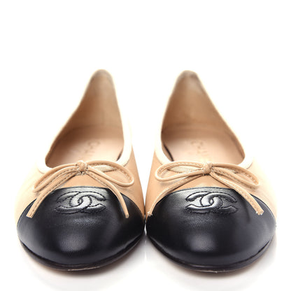 Chanel Lambskin Cap Toe CC Ballerina Flats 37.5 Beige Black 5 of 11