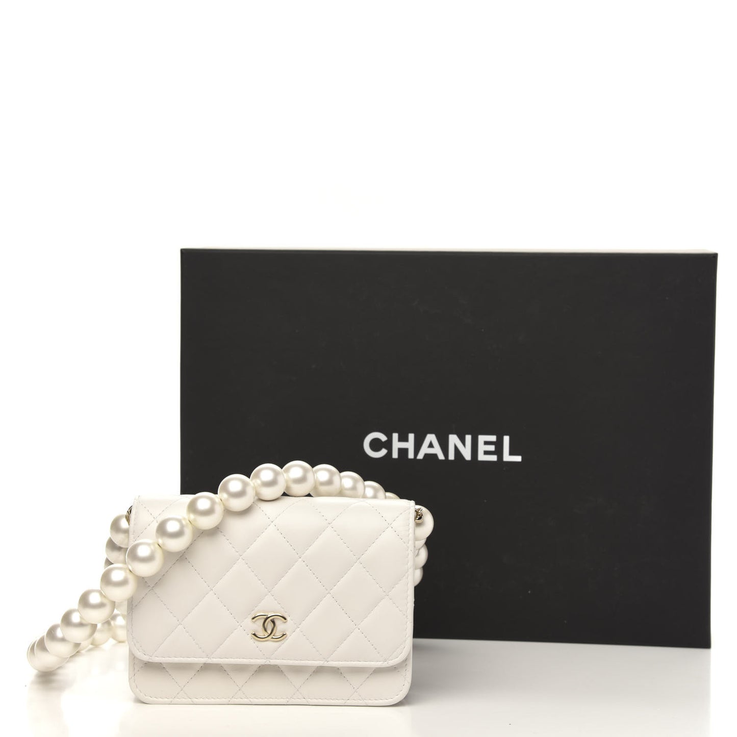 Calfskin Quilted CC Pearl Mini Wallet On Chain Flap White