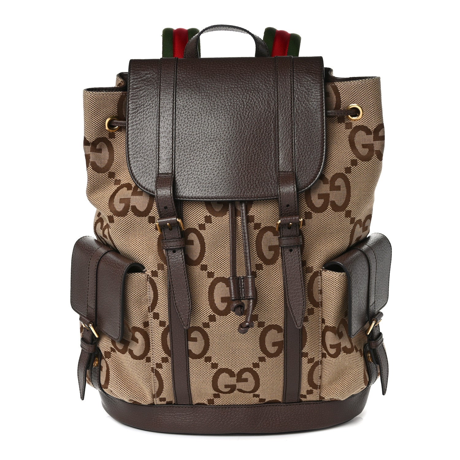 Gucci Monogram Jumbo GG Textured Dollar Calfskin Web Double Buckle Backpack Camel Ebony New Acero 1 of 8
