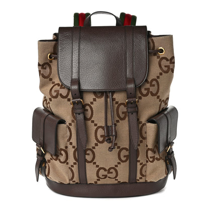 Gucci Monogram Jumbo GG Textured Dollar Calfskin Web Double Buckle Backpack Camel Ebony New Acero 1 of 8