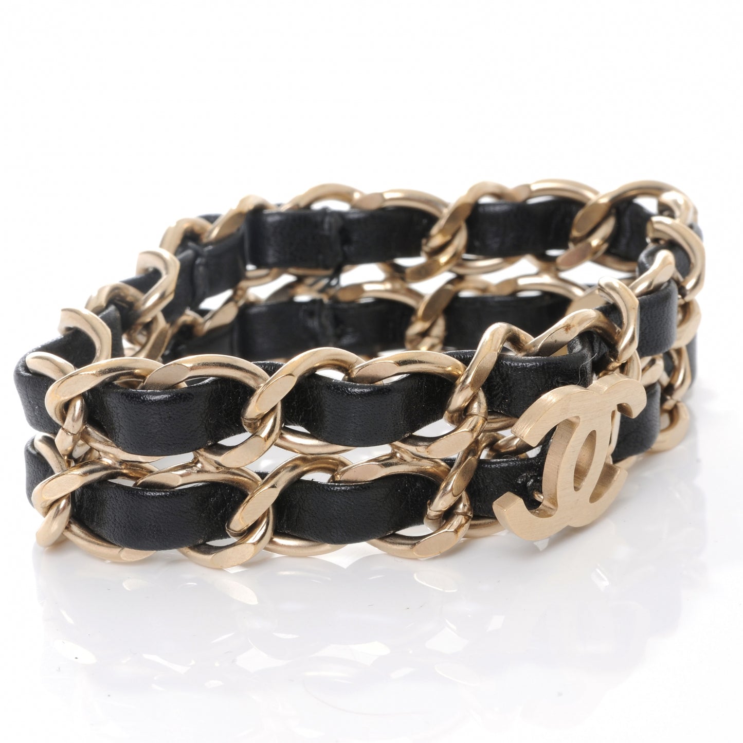 Leather CC Chain Bracelet Black Gold