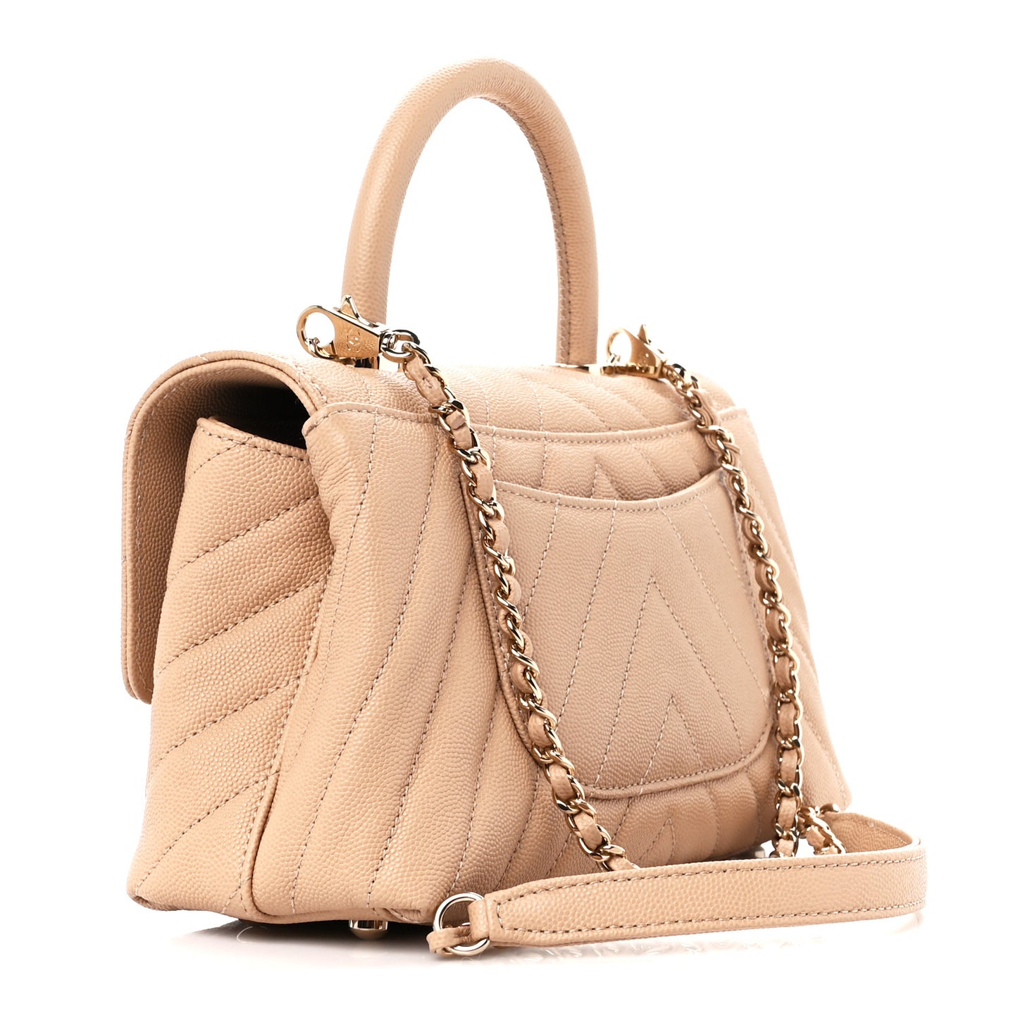 Caviar Chevron Quilted Mini Coco Handle Flap Beige