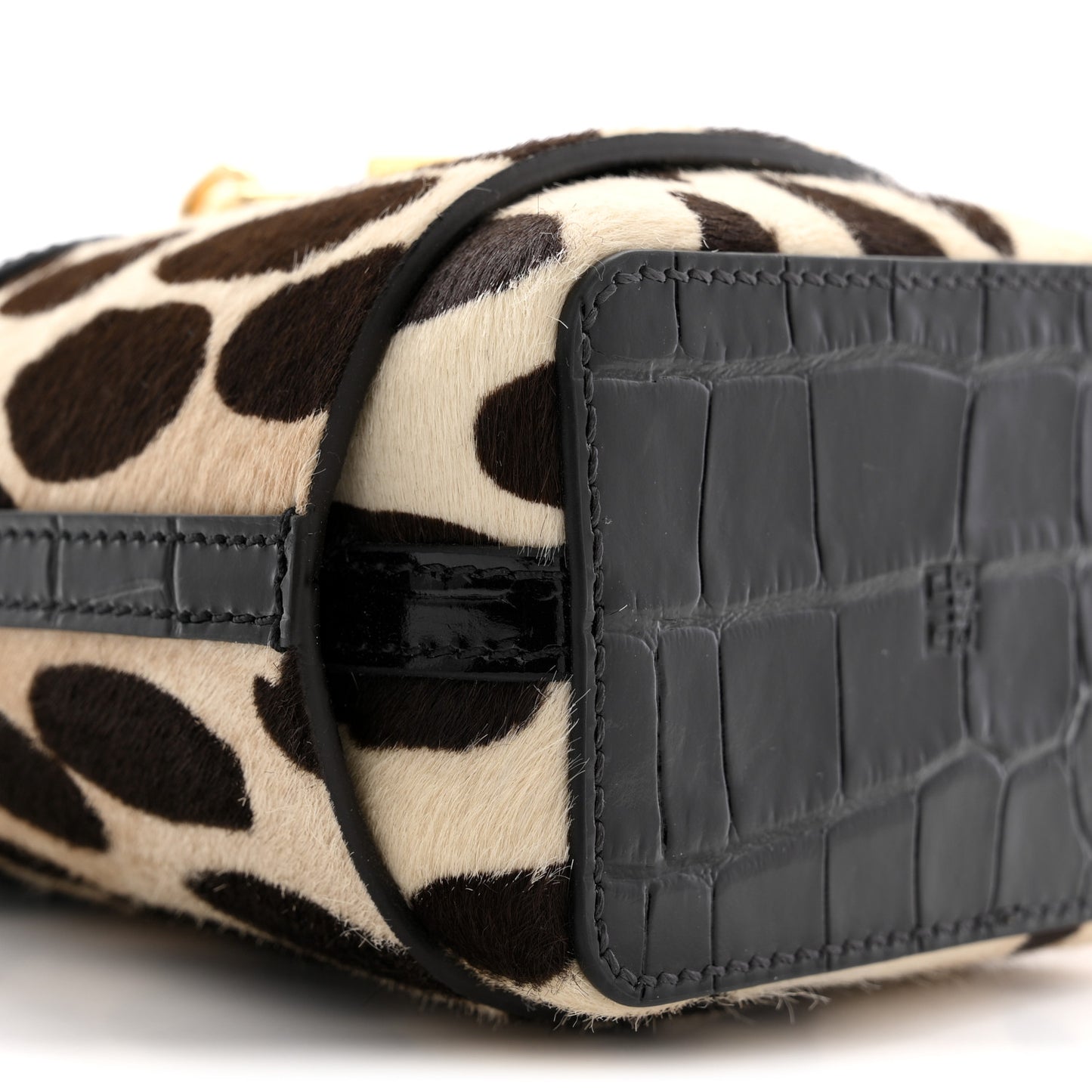 Pony Calfskin Micro Leopard Print Shark Lock Bucket Bag Black Beige