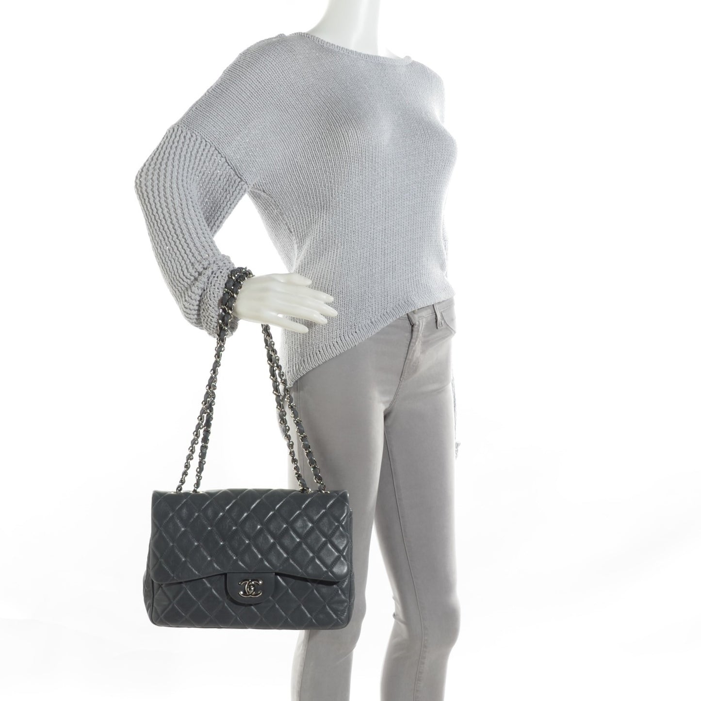 Lambskin Quilted Jumbo Single Flap Dark Grey