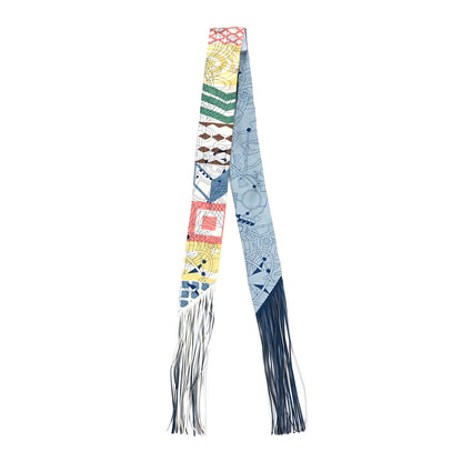 Hermes Silk Au Bloc Fringed Twilly Bleu Rose Vert 2 of 3